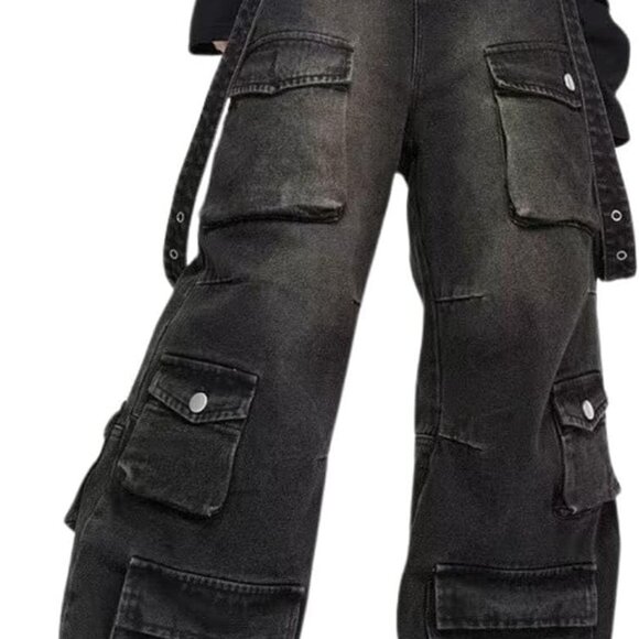 Denim - Unisex Black Baggy Cargo Pants - Trendy Wide Leg Streetwear for All Seasons